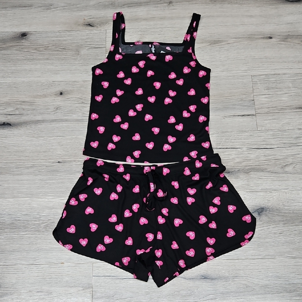 Steve Madden  Black and Pink Heart Print Pajama Set